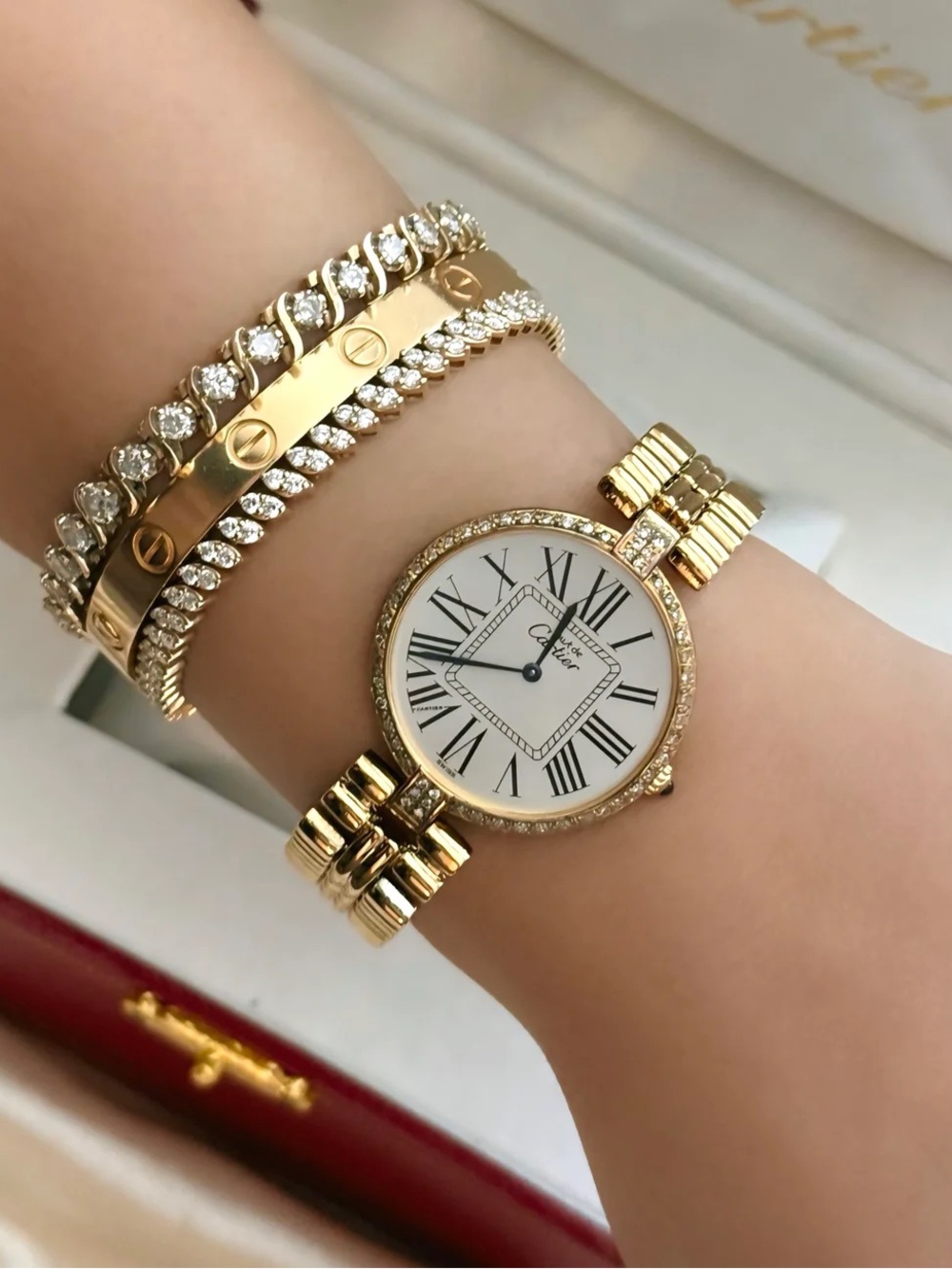 AUTHENTIC RARE CARTIER VENDOME REAL DIAMOND WATCH - WITH EXTRA STRAP & BOX
